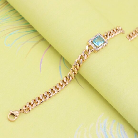 "Blue Crystal Center Rose Gold Chain Bracelet, XPBL0793 - Picture 6 of 12